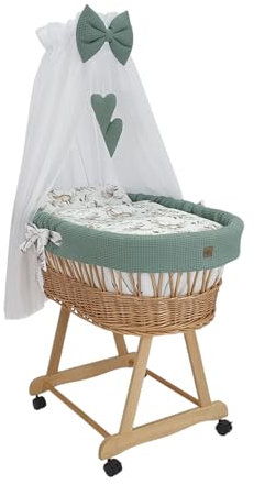 Wiklinopol Moseskorb mit Baldachin Lena – Baby-Stubenwagen aus Weide mit Gestell – Babykorb in Natur, Komplettset mit 5-TLG. Waffel-Bettwäsche Rehkitz Khaki – Mit Rollen, Tragbar, Sicher