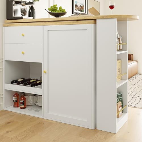 Mesa de bar giratoria 360° (cuerpo principal 105 x 39 x 102 cm), con 2 cajones y armario de puerta corredera, 3 niveles de espacio de almacenamiento abierto, adecuada para comedor/estudio/salón, etc