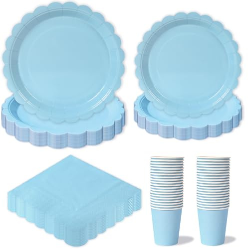 QIFU Stoviglie per Feste di Compleanno Blu - 96 Pezzi Stoviglie Tema Blu Chiaro Inclusi Piatti Carta Tovaglioli Bicchieri, Piatti e Bicchieri per Feste di Compleanno, Decorazioni Ragazzo(24 Ospiti)