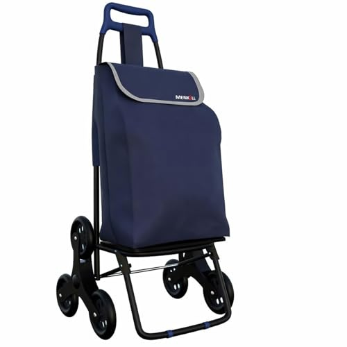 MENKËLL Carrellino per la Spesa con 6 Ruote Girevoli Saliscale - Borsa Impermeabile da 35L, Rimovibile per Trasporto Acqua - Pieghevole, Leggero e Compatto - Perfetto Anche per Anziani (Blu)