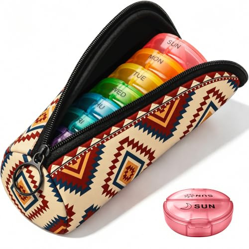 Portable Round Pill Box with Zipper Pouch, Neutral Boho Travel Pill Organiser for Tablets, Vitamins, Capsules and Supplements, Compact Medicine Case