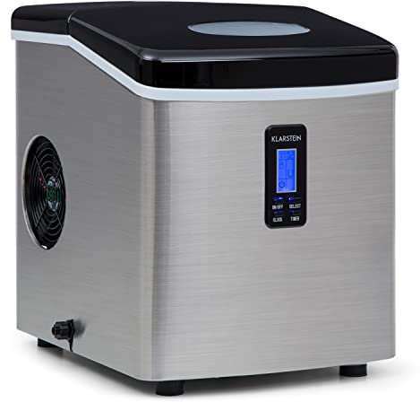 Klarstein Mr. Black-Frost - Machine à glaçons 3,3 L, 15 kg/24 h, Ice Maker 150W, 3 tailles, 6-15 mn, Machine à distributeur de glaçons avec Minuterie, Heure, Ecran LCD, Discret, Inox, Noir