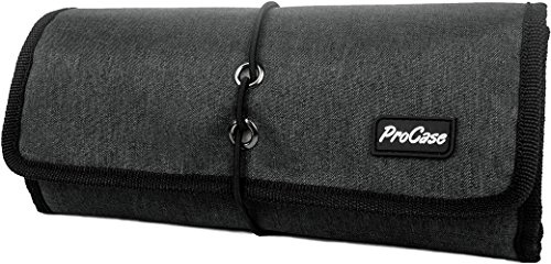 ProCase Organizzatore Cavi da Viaggio Rotolo, Borsa Accessori Elettronici con Tasche per Hard Disk Esterno, USB, Cavi di Ricarica, Caricabatterie USB, Schede di Memoria SD, Auricolare –Nero