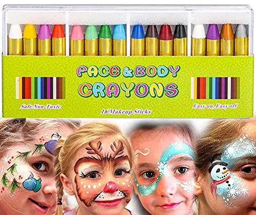 Mimoo 16 Color Face Paint Set - Body Paint Sticks, Face Painting Kit for Kids, Halloween, World Cup, Carnival Party Makeup