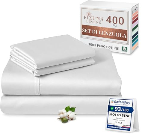 Pizuna Set lenzuola letto super king Cotone 180x200 cm Bianco, 400 fili in 100% cotone a fiocco lungo Sateen Biancheria De Letto con 1 lenzuolo con angoli, 1 lenzuolo sopra, 2 federe