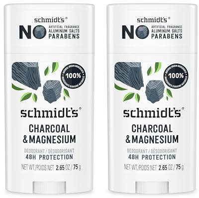 Schmidt's Aluminum Free Natural Deodorant for Women and Men, Charcoal & Magnesium with 24 Hour Odor Protection, Certified Natural, Vegan, Fresh, 2.65 Oz, Pack of 2