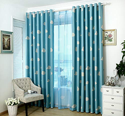 Blue and White Cloud Curtain Grommet Top Thermal Insulated Room Darkening Engery Saving Drape Noise Reducing No Formaldehyde, 2 Panel, 39x63inch