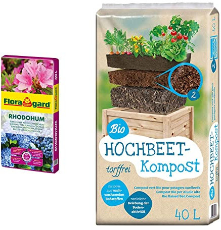 Floragard Rhodohum 40 L • Spezialerde • für Rohododendron, Azaleen, Blaubeeren und andere Moorbeetpflanzen • zur Bodenverbesserung • mit dem Naturdünger Guano & Universal Bio Hochbeet-Kompost 40 Liter