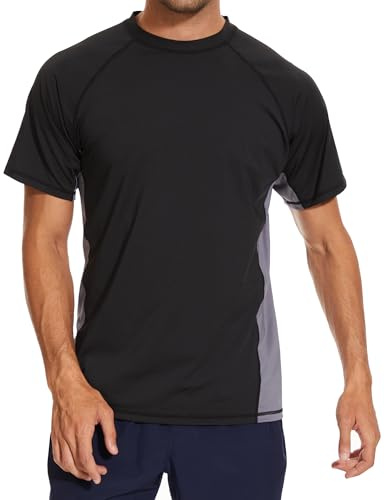 Arcweg Rash Guard Men Short Sleeves Shirt UPF 50+ Elastic Rash Vest Loose Fit Swimming Top Quick Drying Running Vest Sports Top Black Gray 3XL(UK)