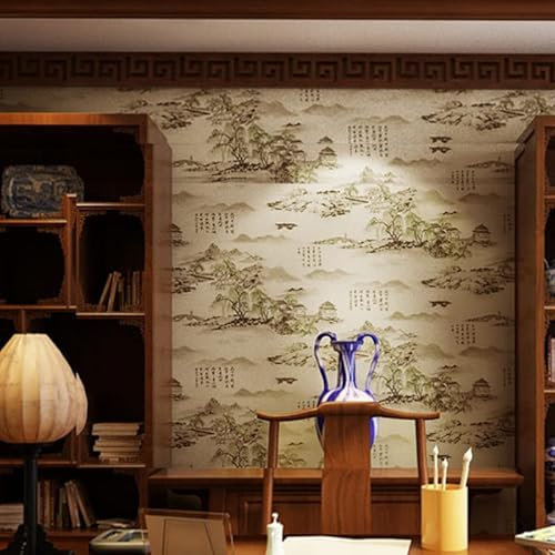 SAIMEYI Papel pintado de PVC estilo de pintura en tinta china 0,53 M X 10 M = 5,3 M²/rollo. Papel pintado negro blanco amarillo para estudio,sala de estar cocinas, baños, cafés,hotel. Papel pintado 3D
