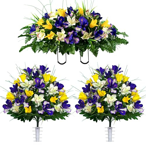 Sympathy Silks Artificial Cemetery Flowers - Grave Decoration - Yellow Tulips and Purple Iris (1) Headstone Saddle (2) Bouquets