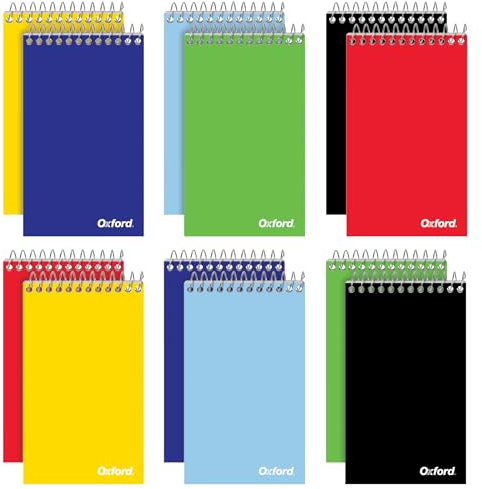 Oxford Spiral Memo Pads, Top Wire Bound, 3 x 5 Inch Pocket Notepad, College Ruled, 6 Assorted Primary Colors, 75 Sheets, 12 Pack (25092)