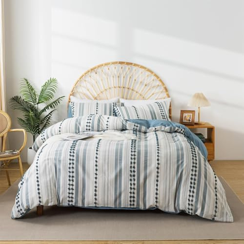 La Sheer Washed Cotton Queen Size Duvet Cover Set - Tufted Dots Boho Chic Bedding for All Seasons, Striped Pom Pom Bedding Linen Like Textured Breathable Durable Soft Comfy (Blue, 90x90'')