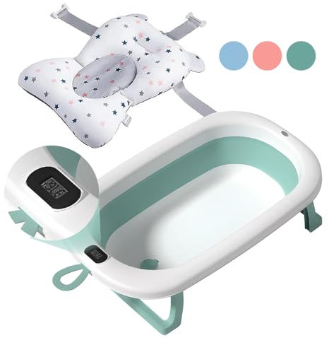 Bañera Bebé Plegable Portatil con Termómetro Integrado, Diseño Ergonómico, Cojín Antideslizante y Tapa de Seguridad (Verde pastel)