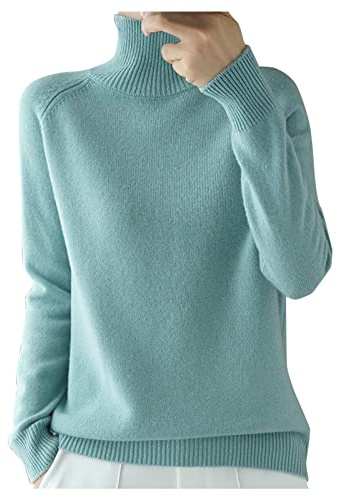 BIISDOST Jersey de punto de lana de merino para mujer, cuello alto, manga larga, verde menta, sólido, invierno, otoño, clásico, suelto, suéter