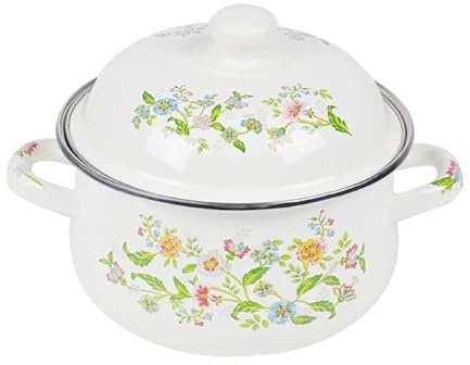 Bafnsiji A,Pentola retrò in Smalto Floreale, pentola in Smalto, pentole da Cucina, pentola per stufato con Coperchio e Manico, contenitori per Alimenti