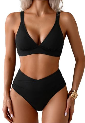 Memashore High Waisted Bathing Suit Tummy Control 2 Piece Swimsuit Women Ribbed Bikini Set V Cut Ruched Bottom Longline Swim Top Black M