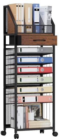 SWTYMIKI 9-Tier Rolling File Cart - Paper Organizer with Drawer and Trays, Wood Desk Office Organizer, Office Organization and Binder Storage for Workspace, Home, School, Espresso