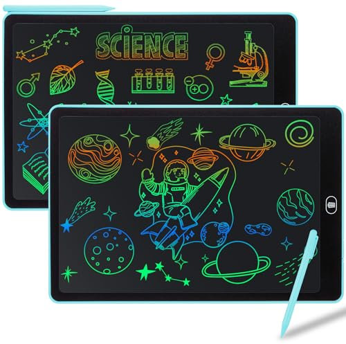Damcyer Tablette D'écriture LCD 15 Pouces-2 Pack,LCD Tablette Dessin avec Ecran Coloré,Bloc D'écriture Effaçable avec des Autocollants D'animaux,pour Garçons et Filles de 3 4 5 6,Bleu+Bleu