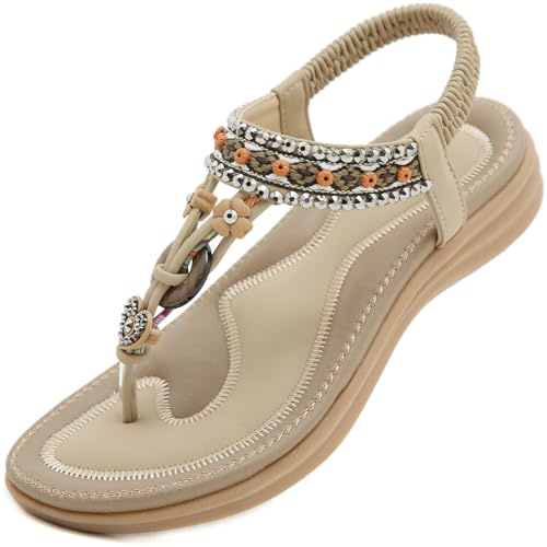 Acfoda Sandalias Mujer Verano Planas Ortopedicas Chanclas Bohemio Sandalias de Playa Casual Cómodas Zapatos Beige 38