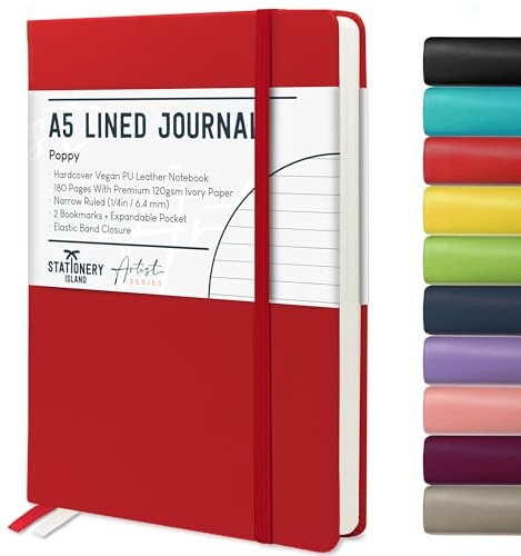 Stationery Island Linjerad A5 anteckningsbok, fodrad anteckningsbok med premium tjockt 120 g/m² papper, 180 randiga inbundna sidor för skrivning, studier, planering, röd