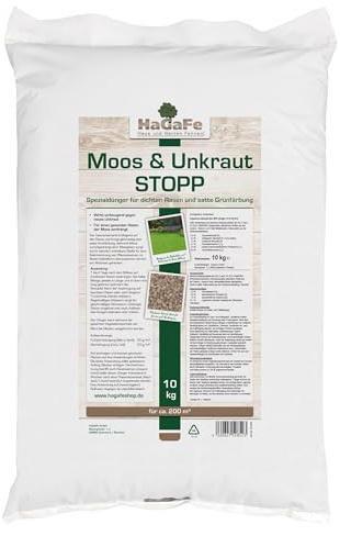HaGaFe Rasendünger Moos und Unkraut - Stopp, Spezialdünger gegen Moos und Unkraut, mit Eisen und Maisgluten (10 kg für 200 m²)