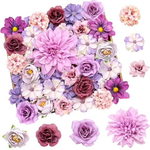 Yueshop 50PCS Artificial Flowers Decoration,Purple Flowers Cake Decorations | Fake Craft Flowers, Decorative Artificial Flower Heads, Silk Cake Flowers Topper Bulk Mix, Hair DIY Wedding Party Wall Decor