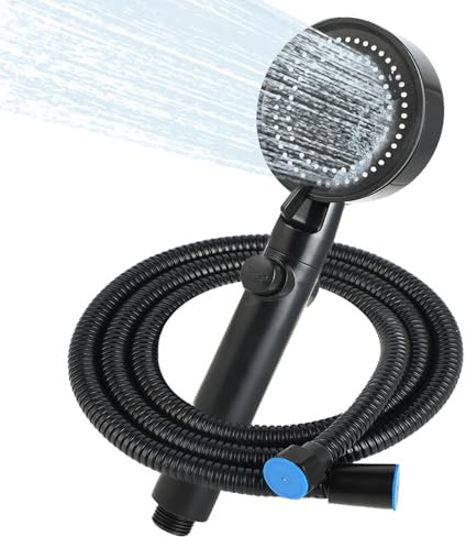 Soffione doccia con tubo 1,5 m – 6 tipi di getti a risparmio acqua, doccetta con supporto, soffione doccia con tubo, soffione doccia doccia (nero)