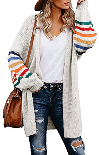 AlvaQ Women's Cardigans Long Sleeve Open Front Rainbow Striped Color Block Loose Casual Womens Oversized Cardigan Ladies Lightweight Knit Outwear Coat Jacket Sweaters Beige L UK 14 16