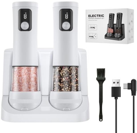 Set di 2 macinapepe elettrico e macinapepe, con base ricaricabile, 5 regolabili, display LED, regalo da cucina (2, bianco, base ricaricabile USB)
