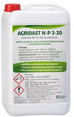 CONCIME AGRIDAST N-P 3-30 – Fertilizzante Acido Liquido Fosforo e Azoto per Fertirrigazione Disincrostante Impianti Irrigui e Ali Gocciolanti (5 kg)