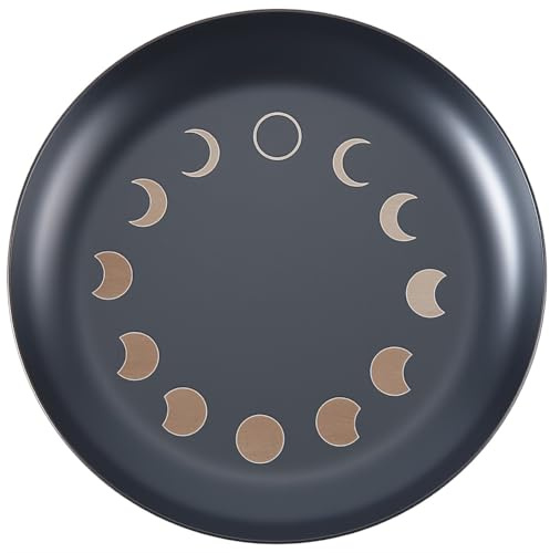 CREATCABIN Moon Phase Altar Ritual Plate Dish Stainless Steel Flat Bowl Black Jewelry Tray Round Prayer Tarot Offering Bowl Dish Candle Trinket Holder for Incense Burner Dowsing Divination 4 Inch
