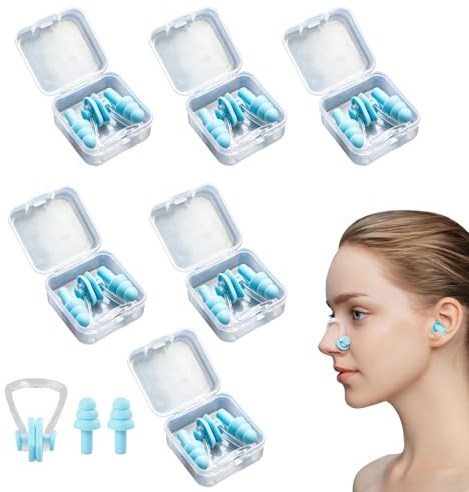 6 Pack Swimming Nose Clip Ear Plugs Set, Silicone Nose Clip with Earplugs, Waterproof Pool Ear Plugs for Diving Surfing & Other Water Sports with Storage Box, Leakproof Water Protection (Blue)