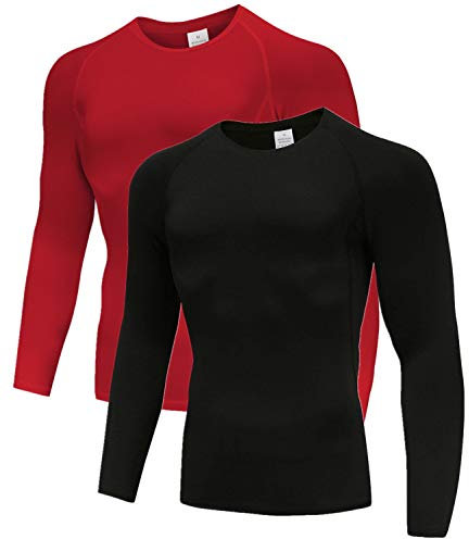 Holure Mens 2 Pack Base Layers Tops, Long Sleeve Gym Running Workout T Shirts for Men Red/Black01-L