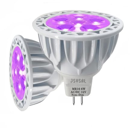JSVSAL LED Blacklight Bulbs,MR16 GU5.3 Base,DC/AC 12V 6W,UVA Level 395-400nm,Glow in The Dark for Body Art Paint, Fluorescent Poster, Neon Glow Party,Holiday Decorations,2-Pack