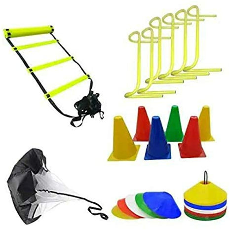 Kalindri Sports Kombi aus Agility Leiter 4m mit 10 Sprossen; 12 Markierkegel (15,2 cm), Multicolor Untertassenkegel Set von 50 und Speed Drills Training Widerstand Fallschirm und Agility Hürden 6er