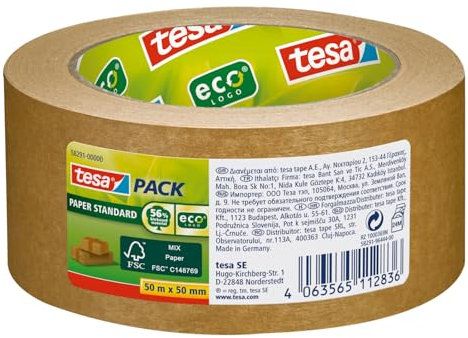 tesa tesapack Papier Standard - Umweltschonendes Paketband aus Papier, 56% biobasiertes Material - Effizient und recyclingfreundlich - Braun - 50 m x 50 mm