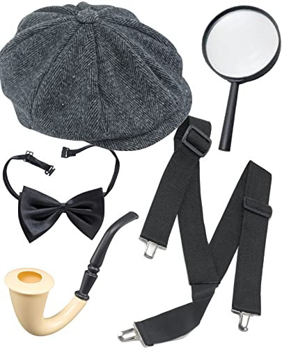 Dreamzfit Männer 1920er Jahre Sherlock Holmes Detektiv Kostüm Zubehör Set mit Peaky Cap Lupe Hosenträger Fliege & Rauchpfeife Requisite für Karneval Maskerade Event Party, Grau, Erwachsene