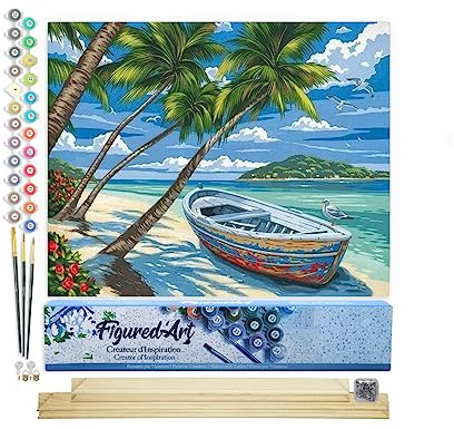 Figured'Art Malen Nach Zahlen Erwachsene Mit Rahmen Boot unter den Palmen - Paint by Numbers Basteln DIY Bastelset 40x50cm Mit Keilrahmen (nicht gespannt)