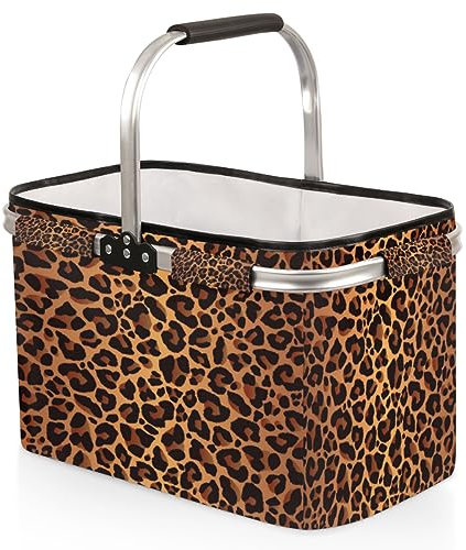 Leopard Faltbarer Marktkorb, tragbarer Einkaufskorb, großer Wäschekorb, strapazierfähig, Camping, Lebensmitteltaschen mit Griffen, faltbarer Picknickkorb für Reisen, Einkaufen, Strand