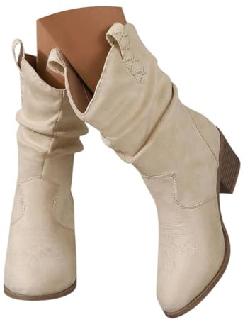 shownicer Bottes et Bottines Femme de Cowboy Motard Casual Bottes à Talons éPais Automne et Hiver Mode Bout Rond Confortables sans Lacet Chaussures Courtes A Abricot 41 EU