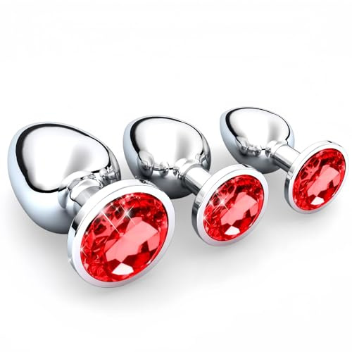 3 Piezas Plug Anal Metálico, Plug Anales, Butt Plug con Diamantes, 3 Tamaños Diferentes para Mujeres, Parejas, Hombres, Pequeño Mediano Grande, Rojo