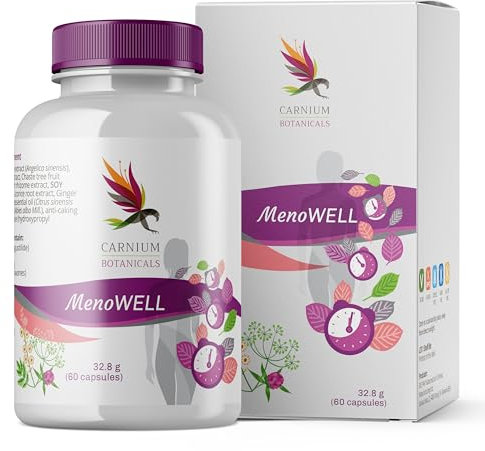 Carnium Botanicals MenoWell – Integratore Menopausa con Agnocasto, Soia & Trifoglio Rosso – Complesso Naturale per il Benessere Femminile, 60 Capsule