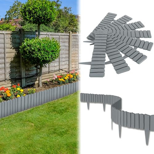 UISEBRT 4,6 m - Bordure de parterre aspect bois en plastique PP - Peut être épissée - Clôture de parterre de fleurs - Étanche et résistante à la corrosion (gris)