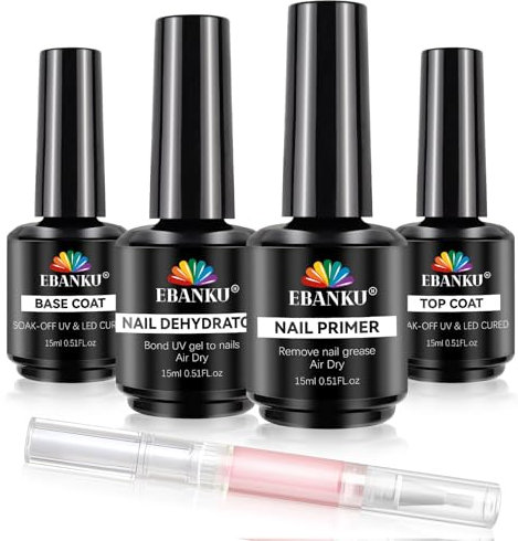 EBANKU Set di top coat per la preparazione delle unghie, disidratatore, primer e olio per la cura delle unghie fai da te, finitura lucida e set di alta qualità di lunga durata