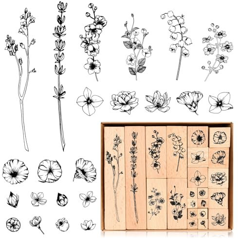 22 Stück Holzstempel Set, Vintage Holzstempel Blumen und Blätter Stempel, Pflanzen Blumen Gräser Holzstempel zum Basteln, Stempel Holz mit Naturpflanzen Mustern, für DIY Scrapbooks Tagebücher Crafts