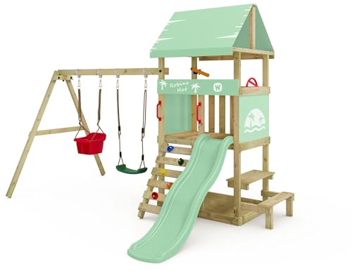 Wickey Parco giochi DinkyHouse con tavolo da picnic - con scivolo & telone verde pastello - Torre di arrampicata per bambini per il giardino in legno massiccio - 334x317x247 cm