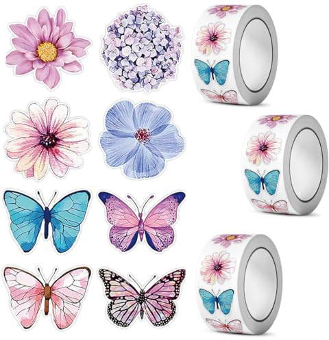 1500 Pieces Butterfly Flower Sticker Roll,Butterfly Decals Cute Self-Adhesive Decorative Sticker for Scrapbooks Envelopes Party Supply Decoration