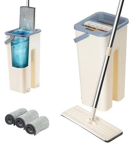 CROWNSHOP 360° Spin Mop and Bucket Set with 3 Washable Microfibre Pads – Flat Squeeze Floor Cleaning System for Tiles, Hardwood & Laminate | Wet & Dry Use | Hands-Free Wringing Bucket