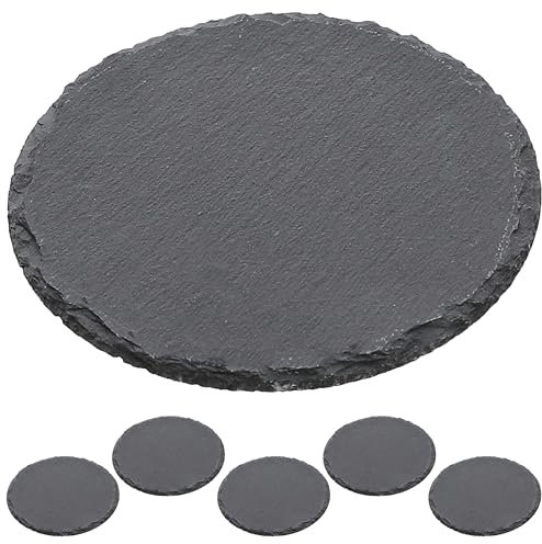 Cepewa Lot de 6 assiettes en ardoise - Ronds - Diamètre : 15 cm - Protection en feutre - Dessous de table - Plateau de service (1 lot de 6 assiettes en ardoise Ø 15 cm)